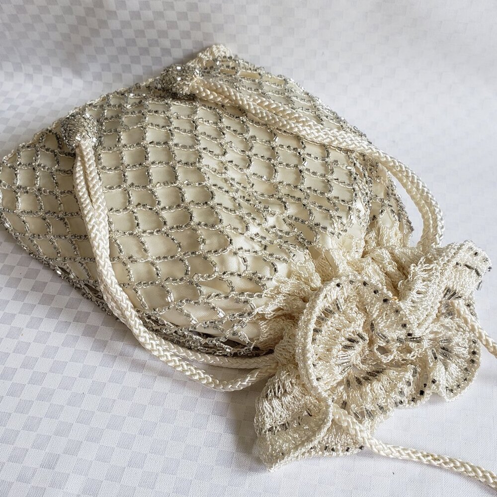 Crocheted beaded crossbody pouch/purse - Cream Color